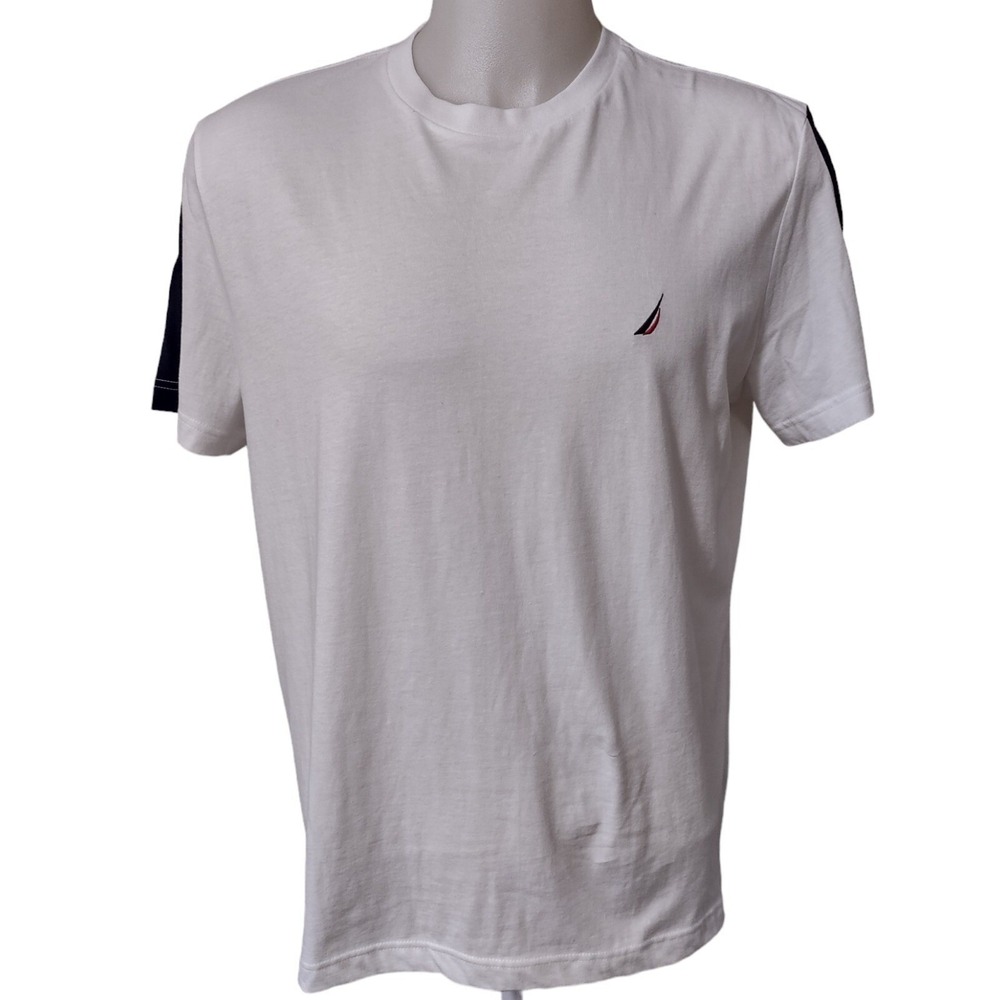 Nautica Men's‎ Large T-Shirt White Blue Accent On Short Sleeves Embroidered Logo